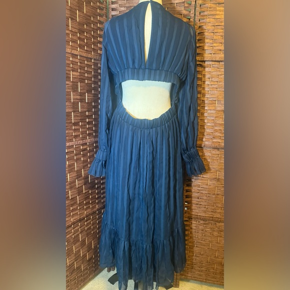 ASOS Dress Blue Pin Strip Sz 10 Sheer Overlay Long Sleeve Exposed Back ruffles - Picture 14 of 16